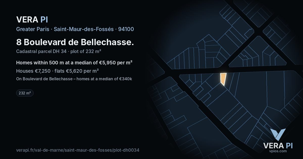 8 Boulevard de Bellechasse, Saint-Maur-des-Fossés at night – the plot lit, the parcels around coloured by the prices near them