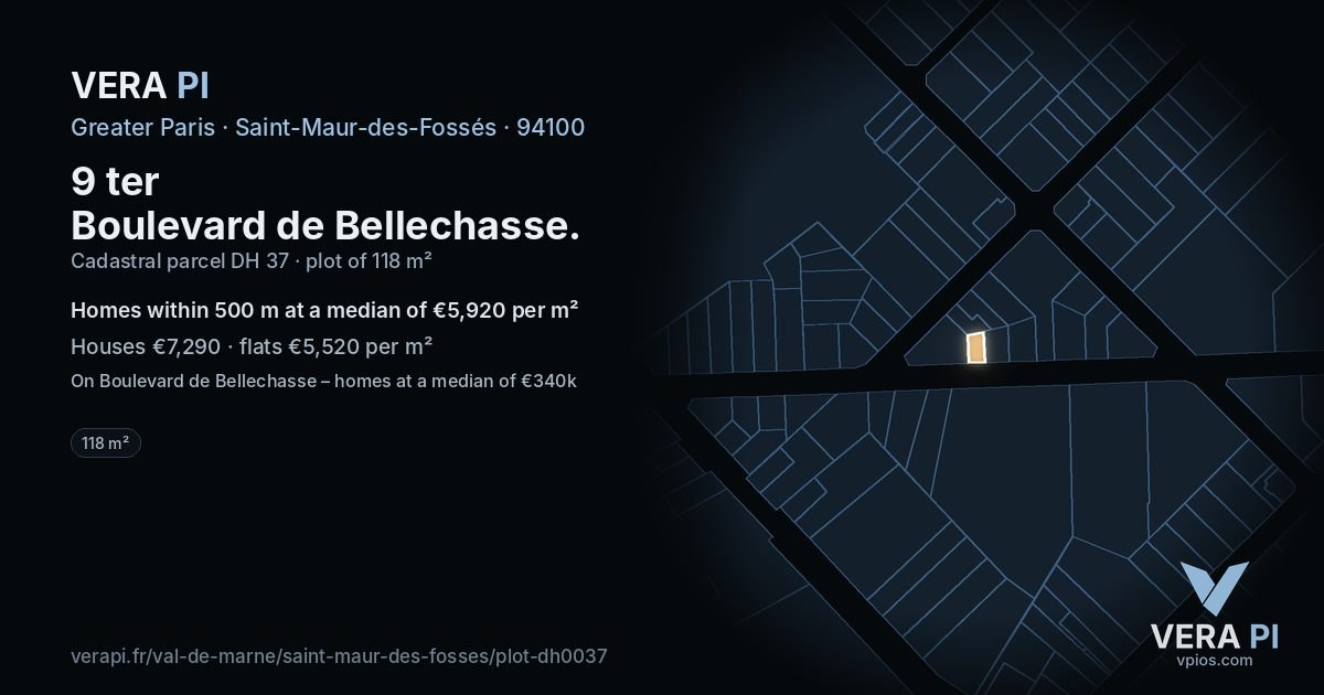 9 ter Boulevard de Bellechasse, Saint-Maur-des-Fossés at night – the plot lit, the parcels around coloured by the prices near them