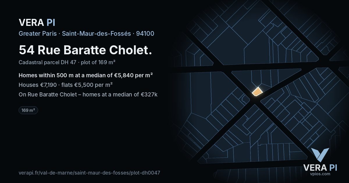 54 Rue Baratte Cholet, Saint-Maur-des-Fossés at night – the plot lit, the parcels around coloured by the prices near them