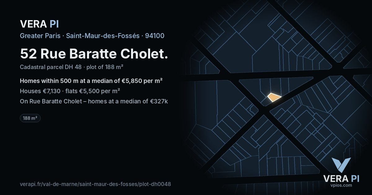 52 Rue Baratte Cholet, Saint-Maur-des-Fossés at night – the plot lit, the parcels around coloured by the prices near them