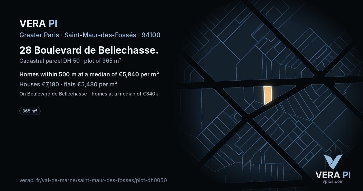 28 Boulevard de Bellechasse, Saint-Maur-des-Fossés at night – the plot lit, the parcels around coloured by the prices near them