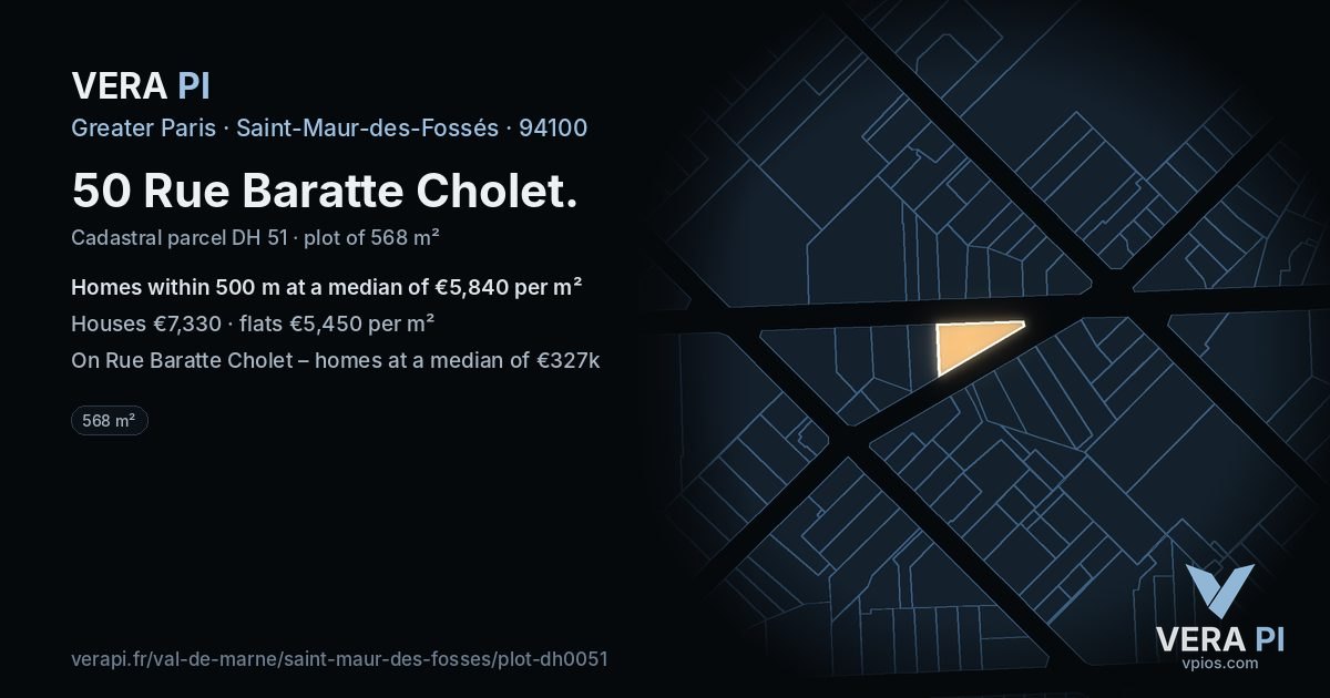 50 Rue Baratte Cholet, Saint-Maur-des-Fossés at night – the plot lit, the parcels around coloured by the prices near them