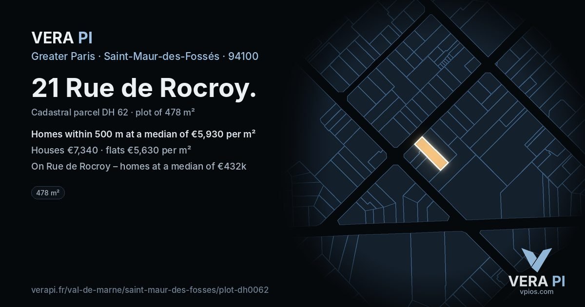 21 Rue de Rocroy, Saint-Maur-des-Fossés at night – the plot lit, the parcels around coloured by the prices near them