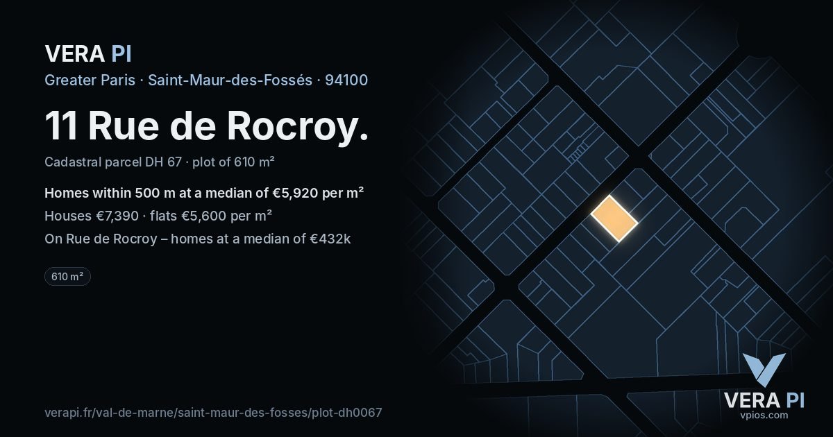 11 Rue de Rocroy, Saint-Maur-des-Fossés at night – the plot lit, the parcels around coloured by the prices near them