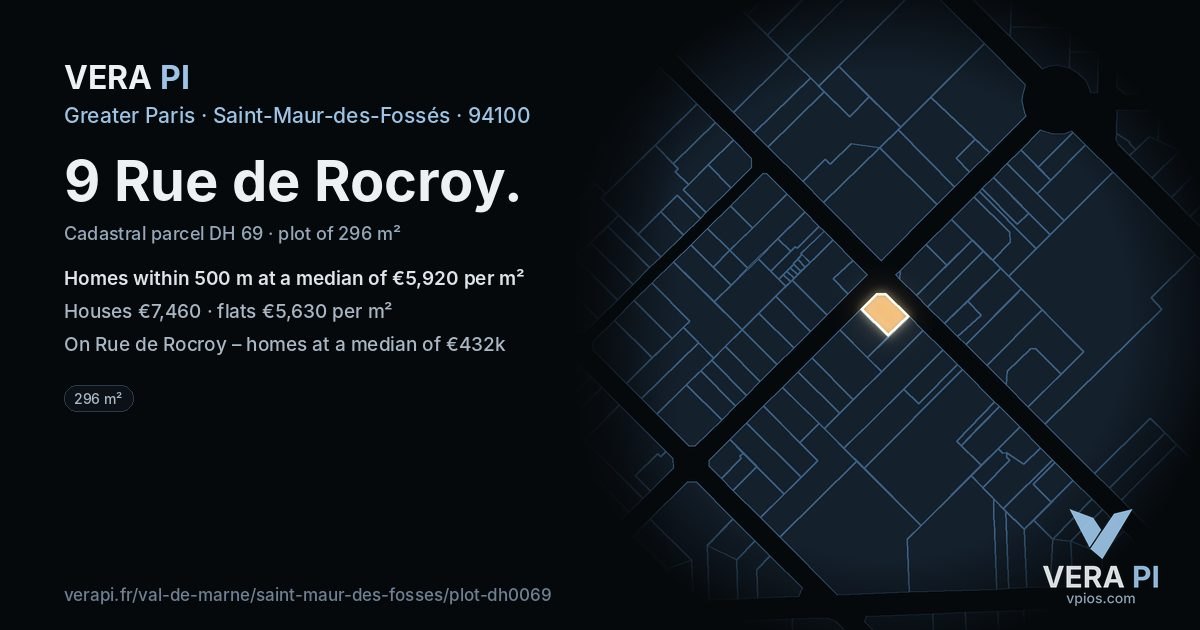 9 Rue de Rocroy, Saint-Maur-des-Fossés at night – the plot lit, the parcels around coloured by the prices near them