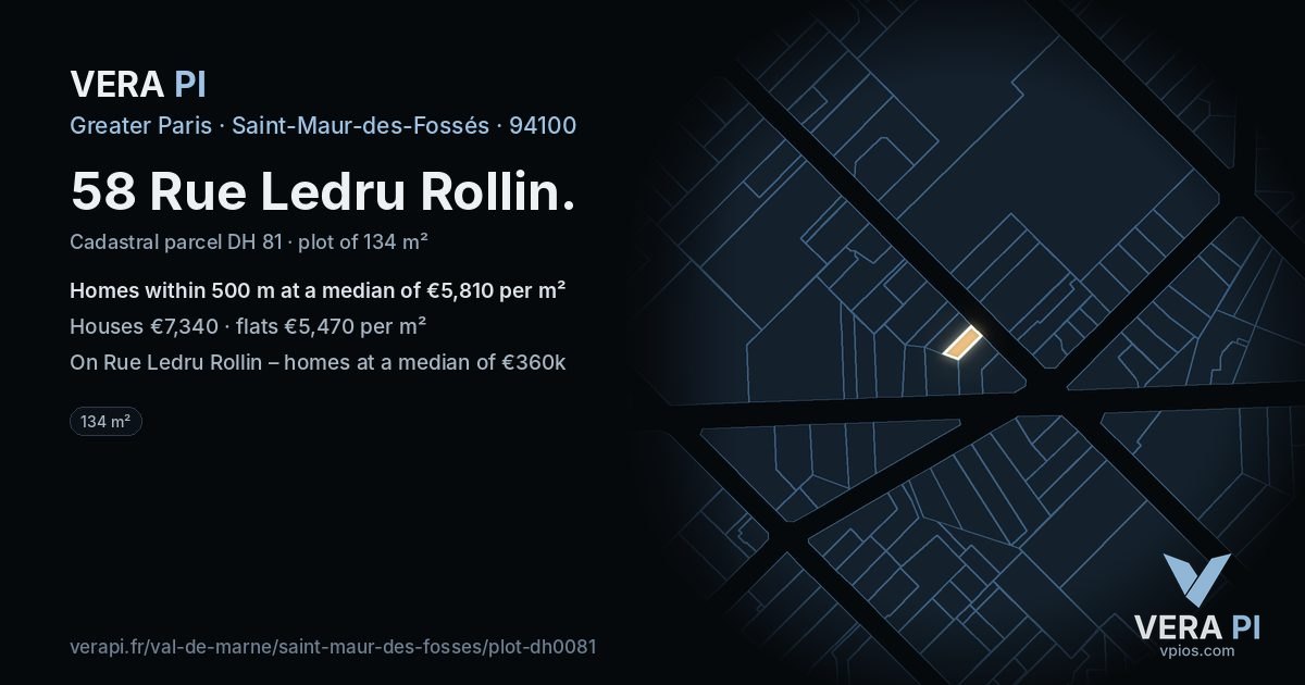 58 Rue Ledru Rollin, Saint-Maur-des-Fossés at night – the plot lit, the parcels around coloured by the prices near them