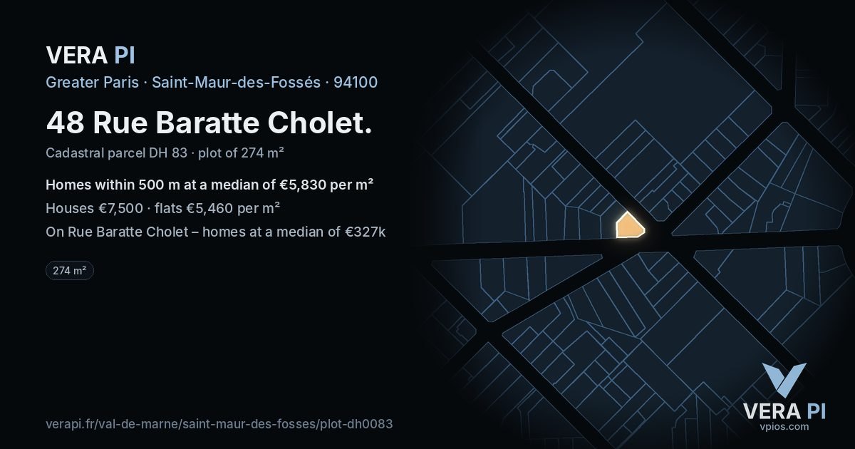 48 Rue Baratte Cholet, Saint-Maur-des-Fossés at night – the plot lit, the parcels around coloured by the prices near them