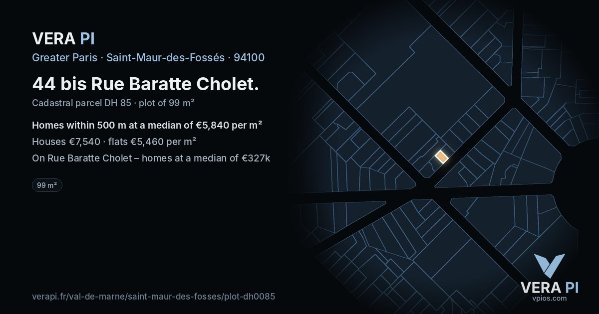 44 bis Rue Baratte Cholet, Saint-Maur-des-Fossés at night – the plot lit, the parcels around coloured by the prices near them