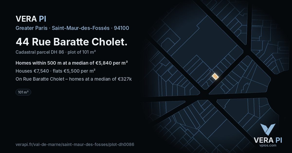 44 Rue Baratte Cholet, Saint-Maur-des-Fossés at night – the plot lit, the parcels around coloured by the prices near them