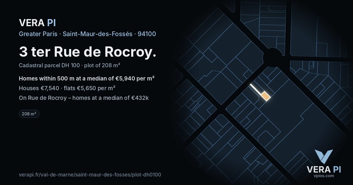 3 ter Rue de Rocroy, Saint-Maur-des-Fossés at night – the plot lit, the parcels around coloured by the prices near them