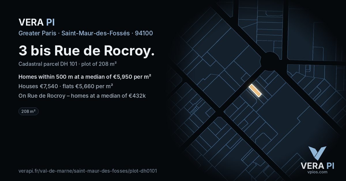 3 bis Rue de Rocroy, Saint-Maur-des-Fossés at night – the plot lit, the parcels around coloured by the prices near them