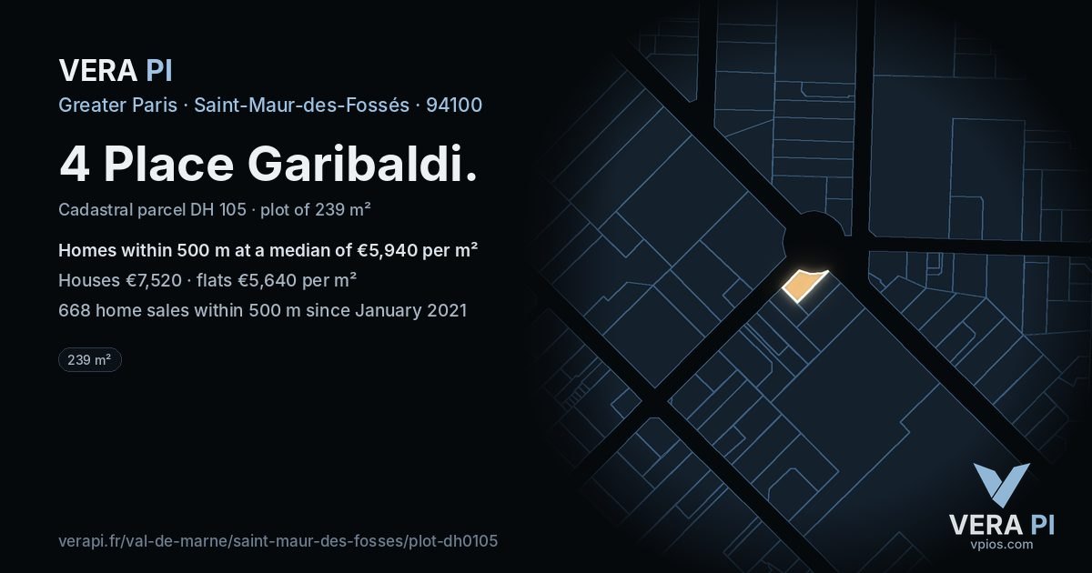 4 Place Garibaldi, Saint-Maur-des-Fossés at night – the plot lit, the parcels around coloured by the prices near them