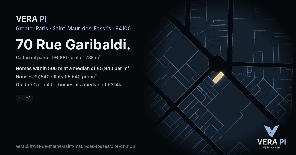 70 Rue Garibaldi, Saint-Maur-des-Fossés at night – the plot lit, the parcels around coloured by the prices near them