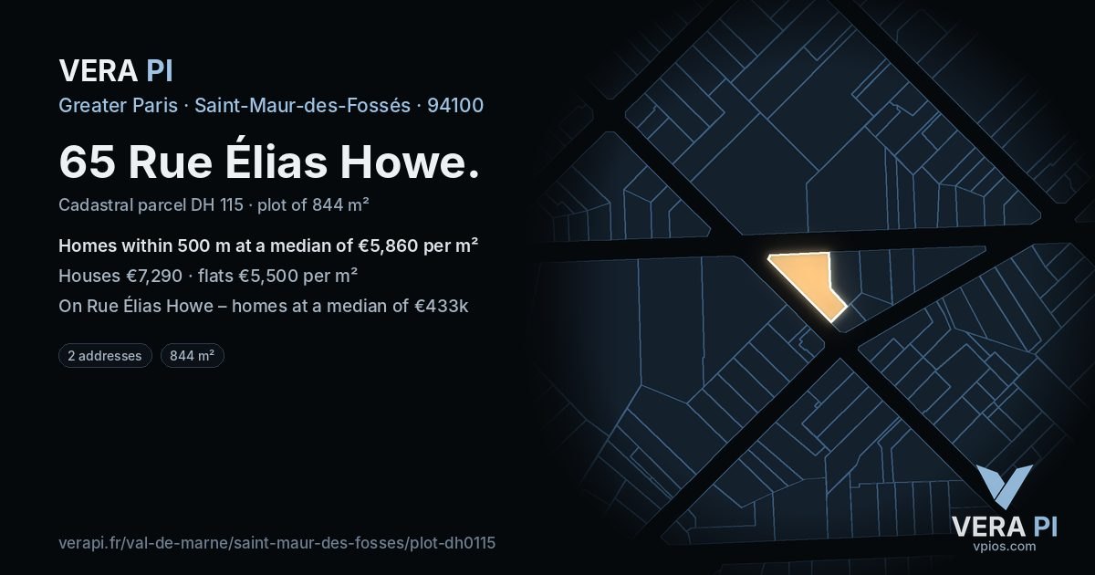 65 Rue Élias Howe, Saint-Maur-des-Fossés at night – the plot lit, the parcels around coloured by the prices near them