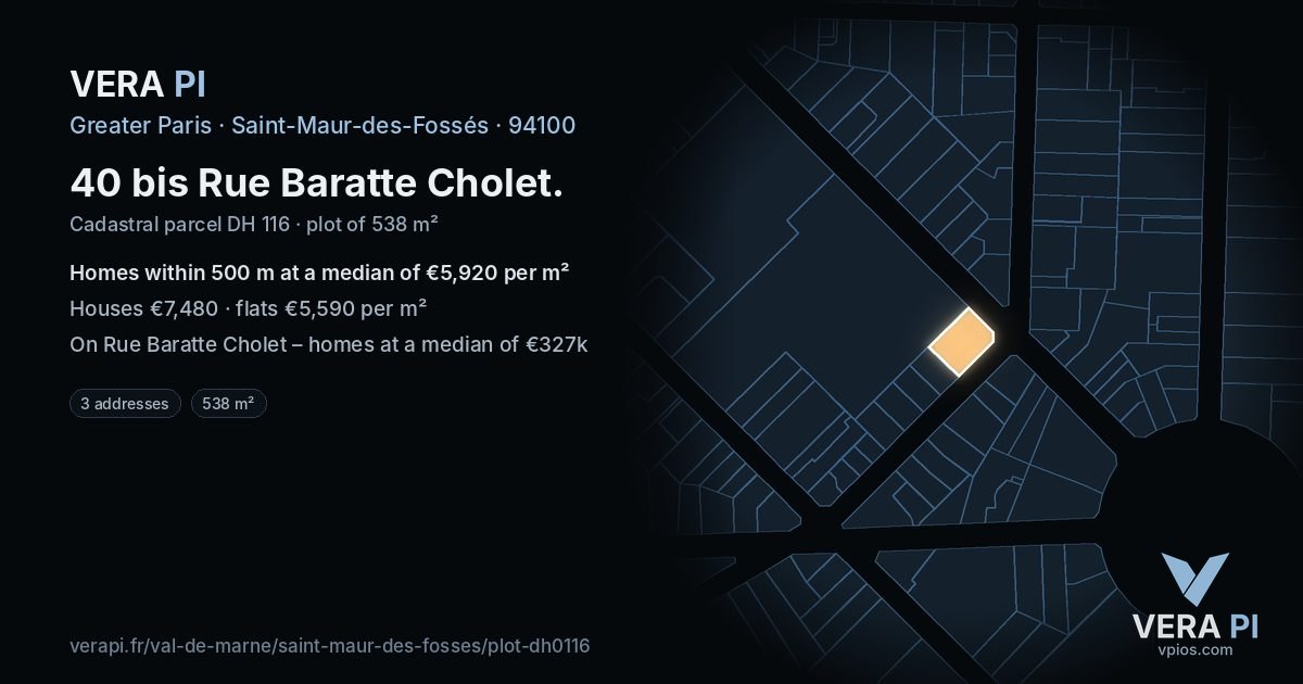 40 bis Rue Baratte Cholet, Saint-Maur-des-Fossés at night – the plot lit, the parcels around coloured by the prices near them
