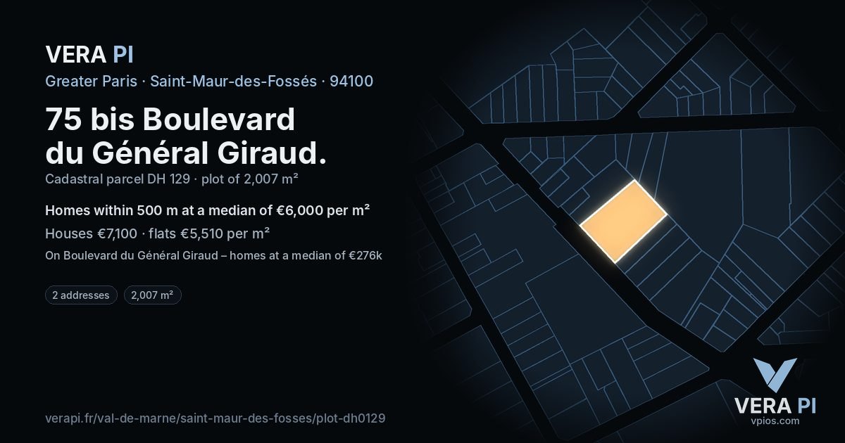 75 bis Boulevard du Général Giraud, Saint-Maur-des-Fossés at night – the plot lit, the parcels around coloured by the prices near them