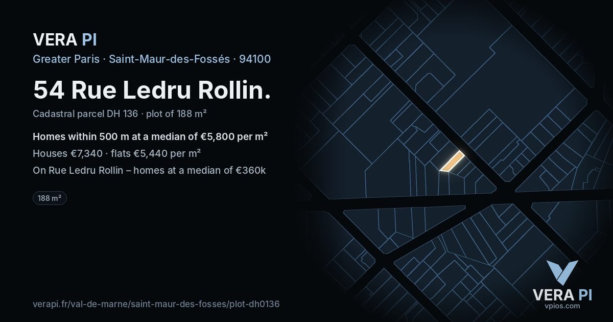 54 Rue Ledru Rollin, Saint-Maur-des-Fossés at night – the plot lit, the parcels around coloured by the prices near them