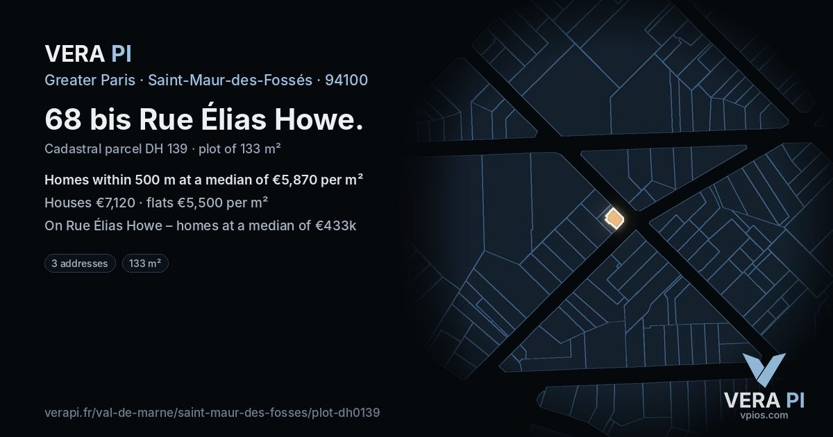 68 bis Rue Élias Howe, Saint-Maur-des-Fossés at night – the plot lit, the parcels around coloured by the prices near them