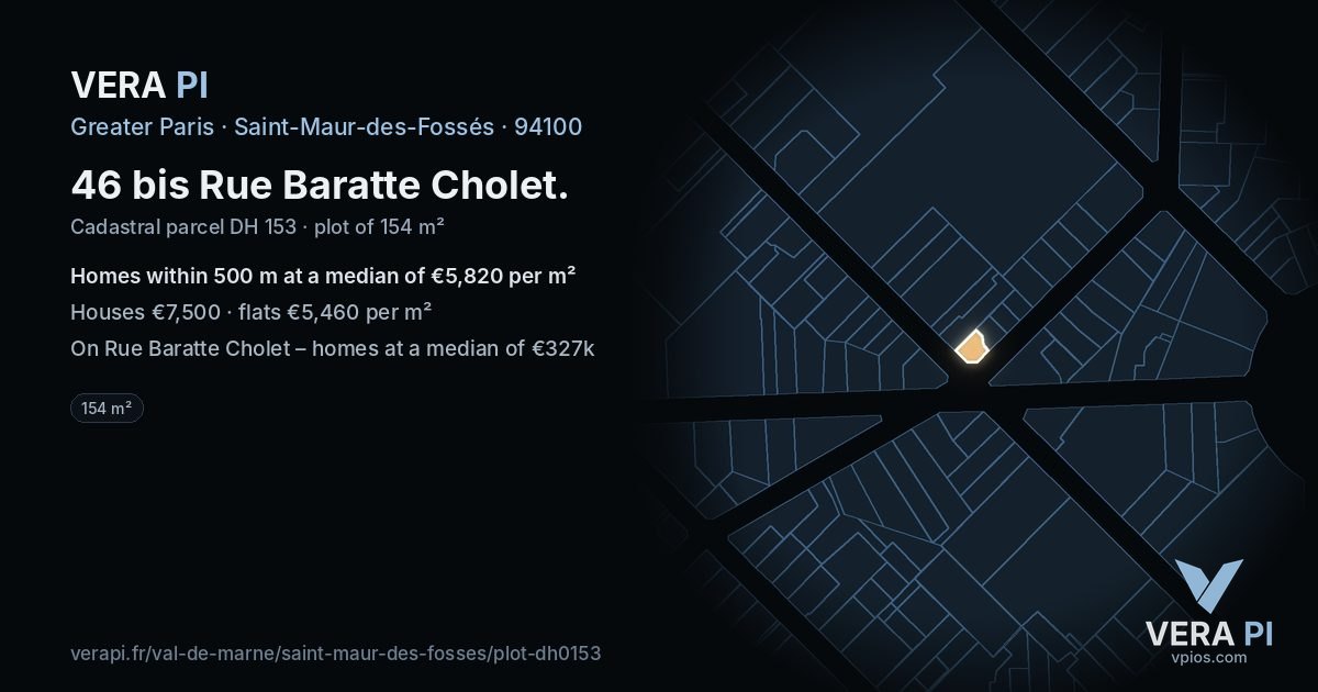 46 bis Rue Baratte Cholet, Saint-Maur-des-Fossés at night – the plot lit, the parcels around coloured by the prices near them