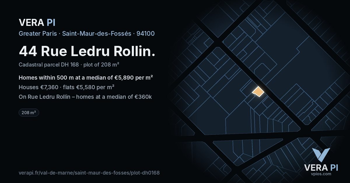 44 Rue Ledru Rollin, Saint-Maur-des-Fossés at night – the plot lit, the parcels around coloured by the prices near them