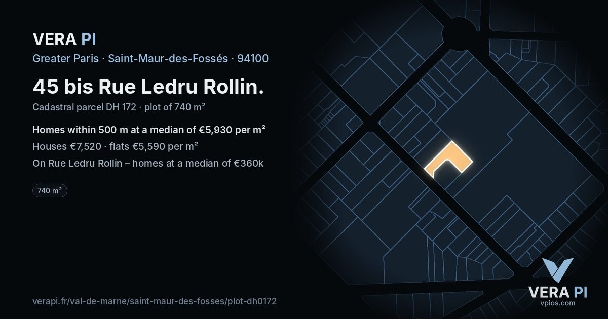 45 bis Rue Ledru Rollin, Saint-Maur-des-Fossés at night – the plot lit, the parcels around coloured by the prices near them
