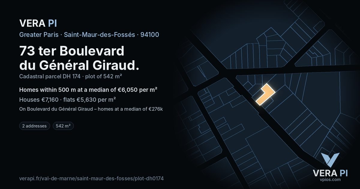 73 ter Boulevard du Général Giraud, Saint-Maur-des-Fossés at night – the plot lit, the parcels around coloured by the prices near them