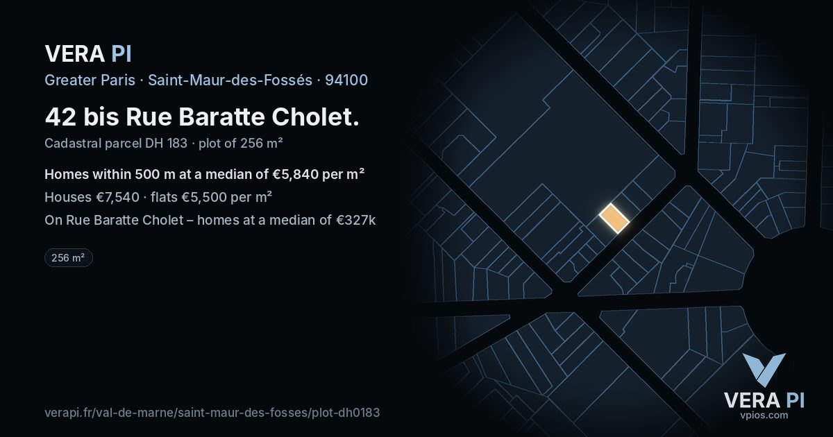 42 bis Rue Baratte Cholet, Saint-Maur-des-Fossés at night – the plot lit, the parcels around coloured by the prices near them