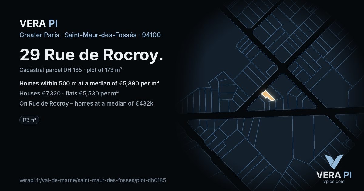 29 Rue de Rocroy, Saint-Maur-des-Fossés at night – the plot lit, the parcels around coloured by the prices near them