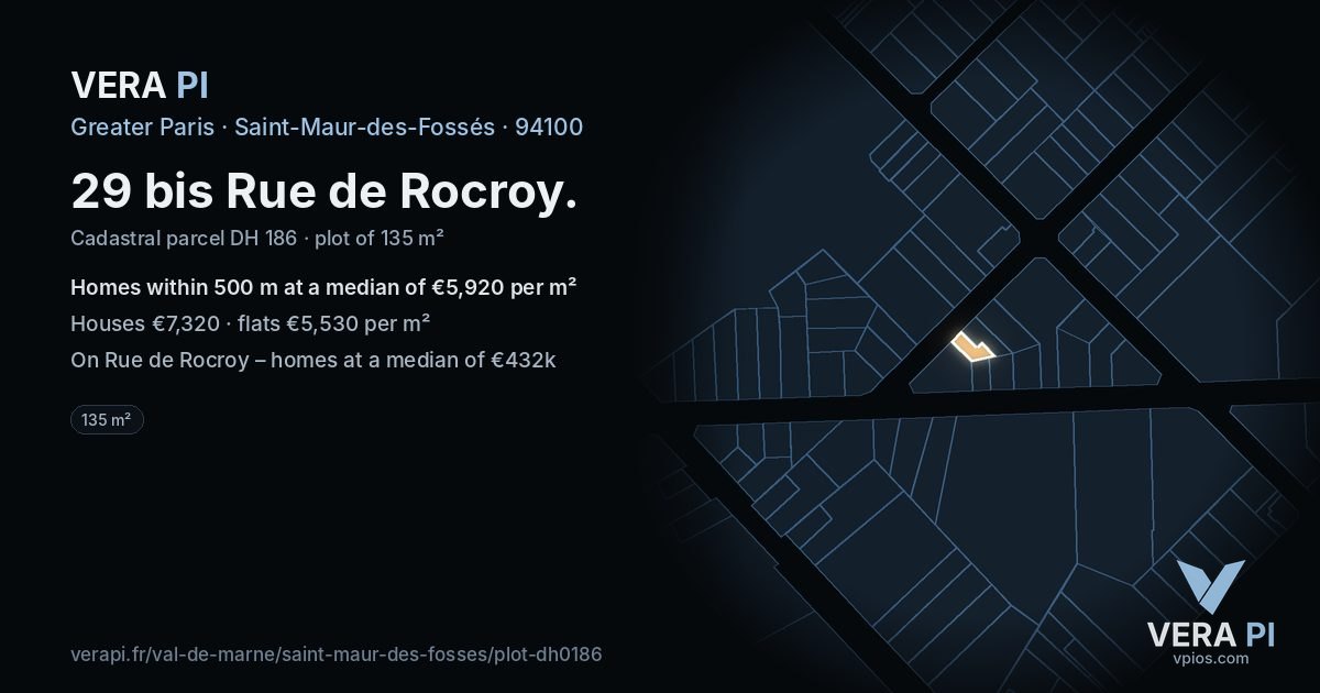 29 bis Rue de Rocroy, Saint-Maur-des-Fossés at night – the plot lit, the parcels around coloured by the prices near them
