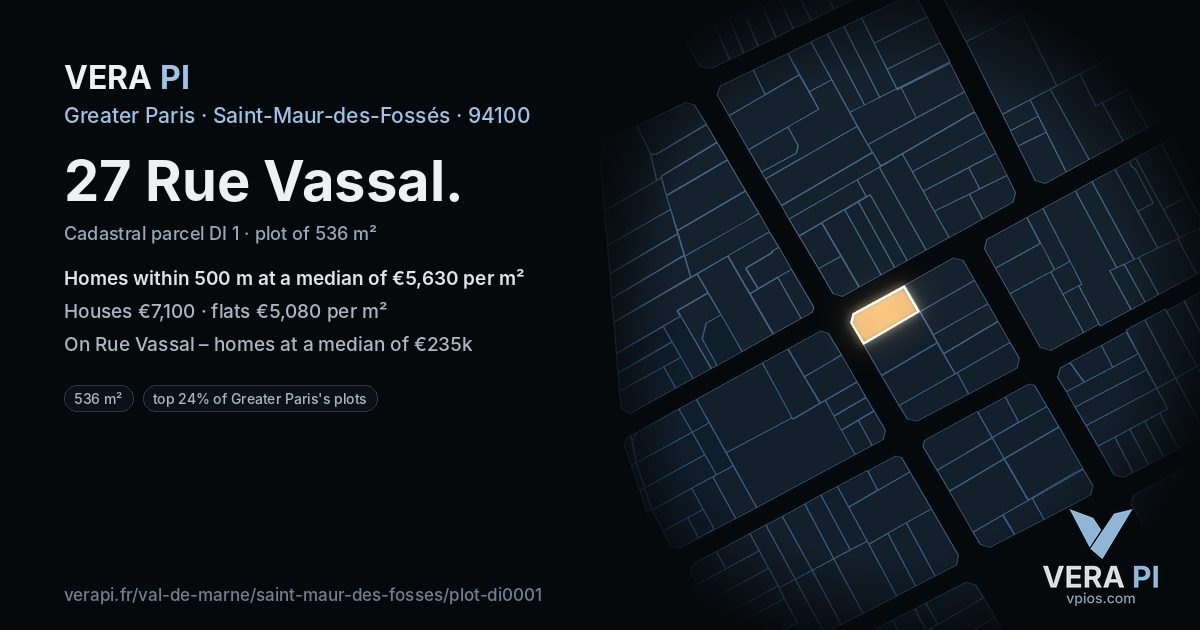27 Rue Vassal, Saint-Maur-des-Fossés at night – the plot lit, the parcels around coloured by the prices near them
