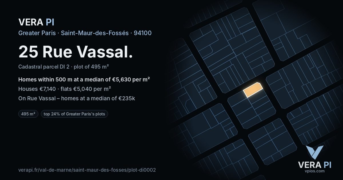 25 Rue Vassal, Saint-Maur-des-Fossés at night – the plot lit, the parcels around coloured by the prices near them