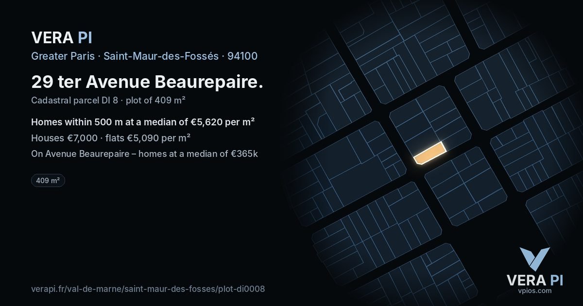 29 ter Avenue Beaurepaire, Saint-Maur-des-Fossés at night – the plot lit, the parcels around coloured by the prices near them