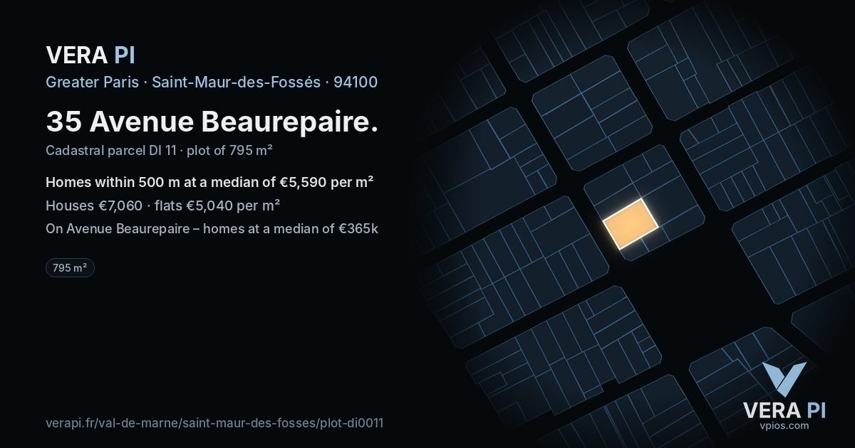 35 Avenue Beaurepaire, Saint-Maur-des-Fossés at night – the plot lit, the parcels around coloured by the prices near them