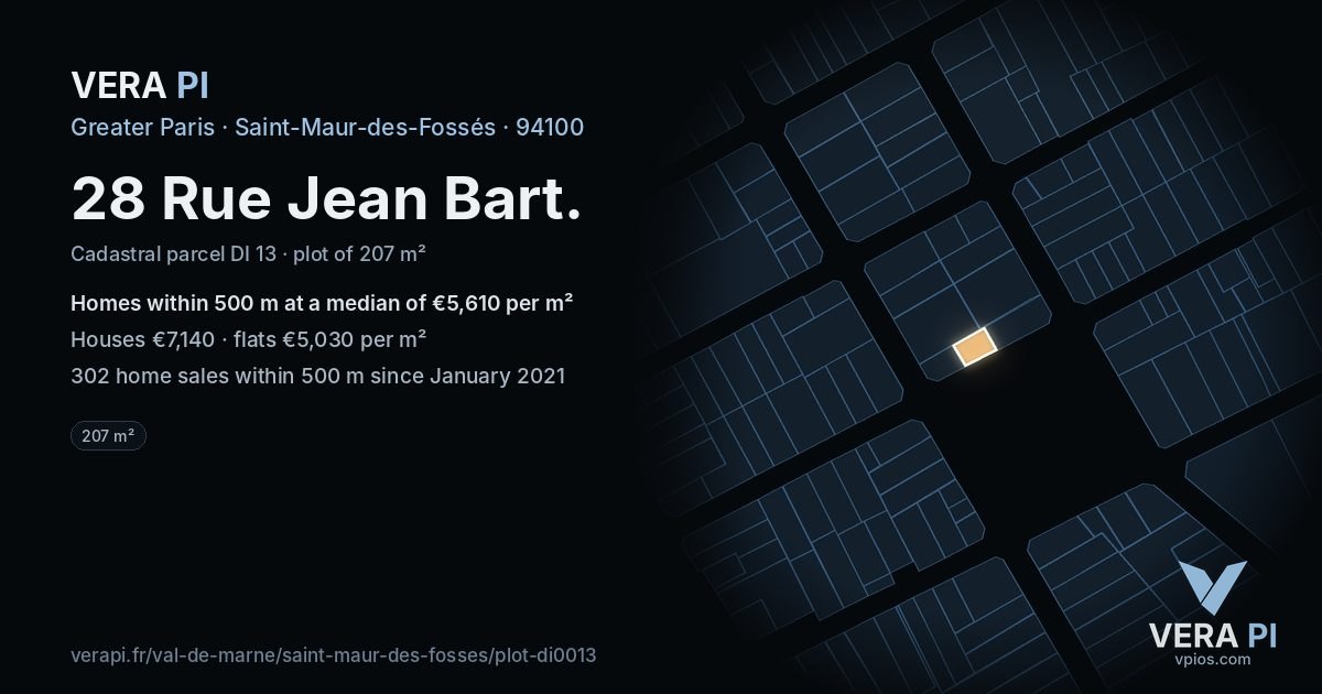 28 Rue Jean Bart, Saint-Maur-des-Fossés at night – the plot lit, the parcels around coloured by the prices near them