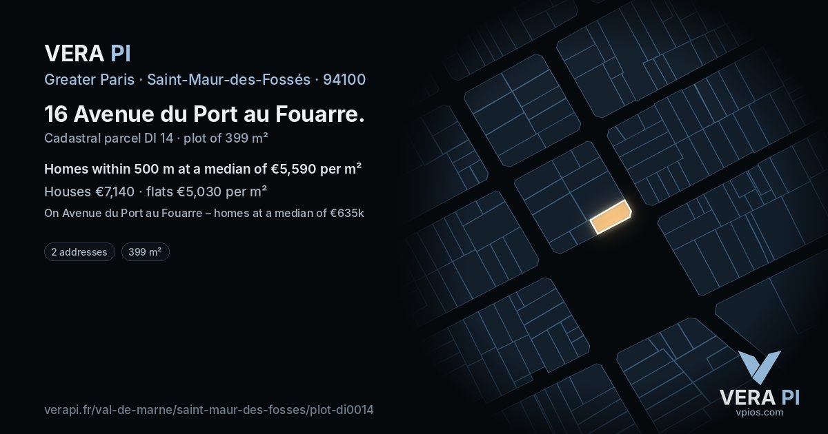 16 Avenue du Port au Fouarre, Saint-Maur-des-Fossés at night – the plot lit, the parcels around coloured by the prices near them