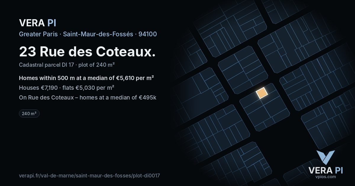 23 Rue des Coteaux, Saint-Maur-des-Fossés at night – the plot lit, the parcels around coloured by the prices near them