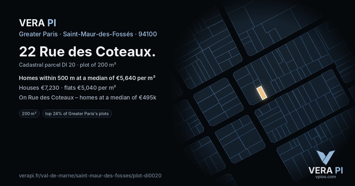 22 Rue des Coteaux, Saint-Maur-des-Fossés at night – the plot lit, the parcels around coloured by the prices near them