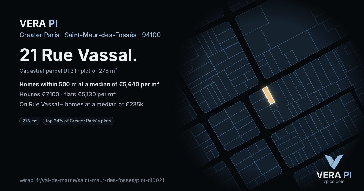 21 Rue Vassal, Saint-Maur-des-Fossés at night – the plot lit, the parcels around coloured by the prices near them