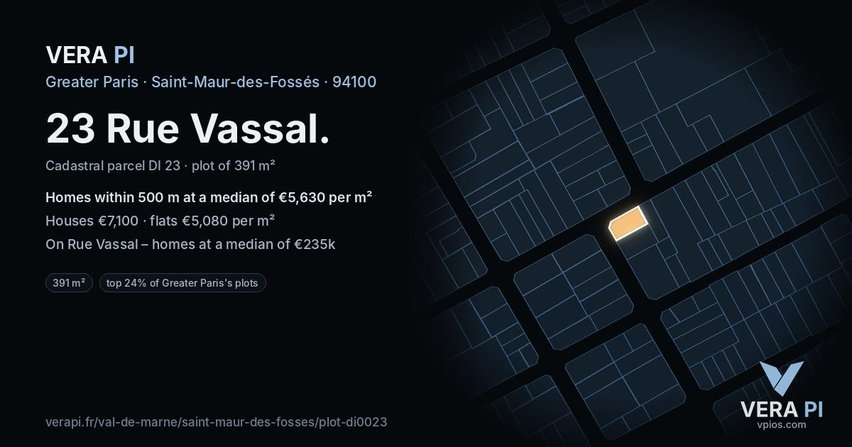 23 Rue Vassal, Saint-Maur-des-Fossés at night – the plot lit, the parcels around coloured by the prices near them