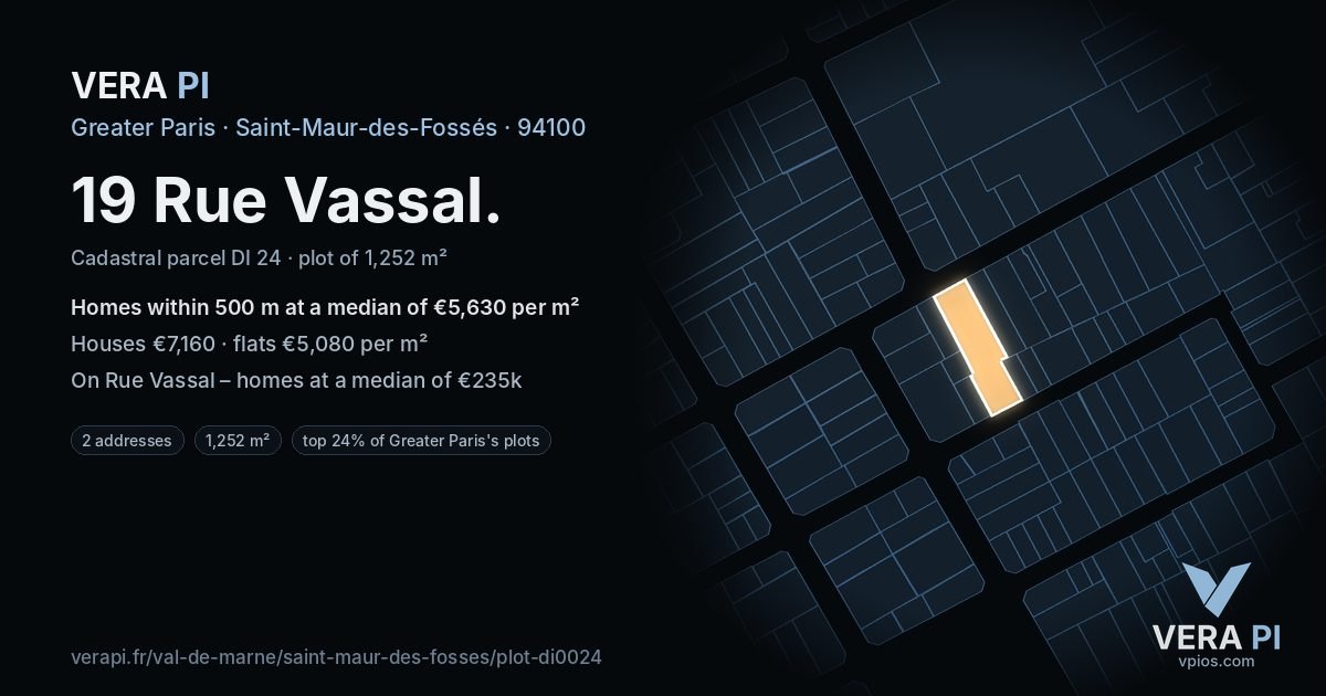 19 Rue Vassal, Saint-Maur-des-Fossés at night – the plot lit, the parcels around coloured by the prices near them
