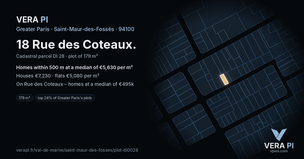 18 Rue des Coteaux, Saint-Maur-des-Fossés at night – the plot lit, the parcels around coloured by the prices near them