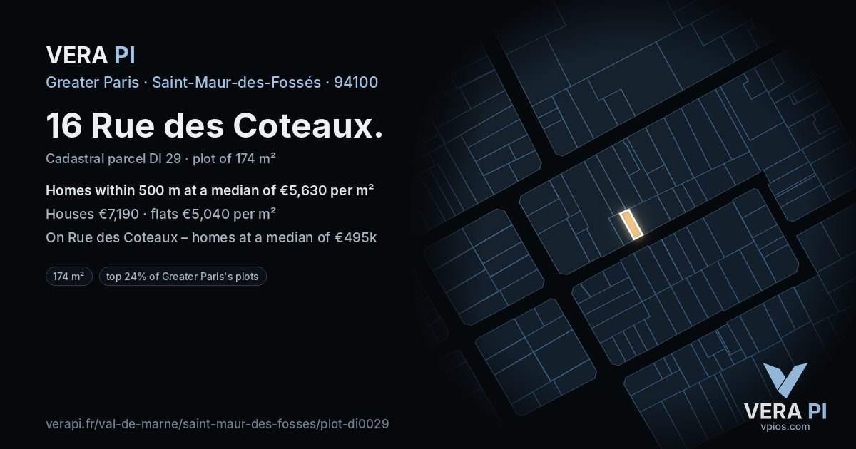 16 Rue des Coteaux, Saint-Maur-des-Fossés at night – the plot lit, the parcels around coloured by the prices near them