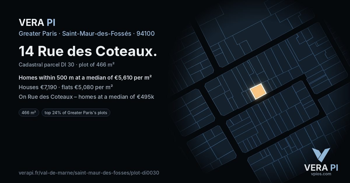 14 Rue des Coteaux, Saint-Maur-des-Fossés at night – the plot lit, the parcels around coloured by the prices near them