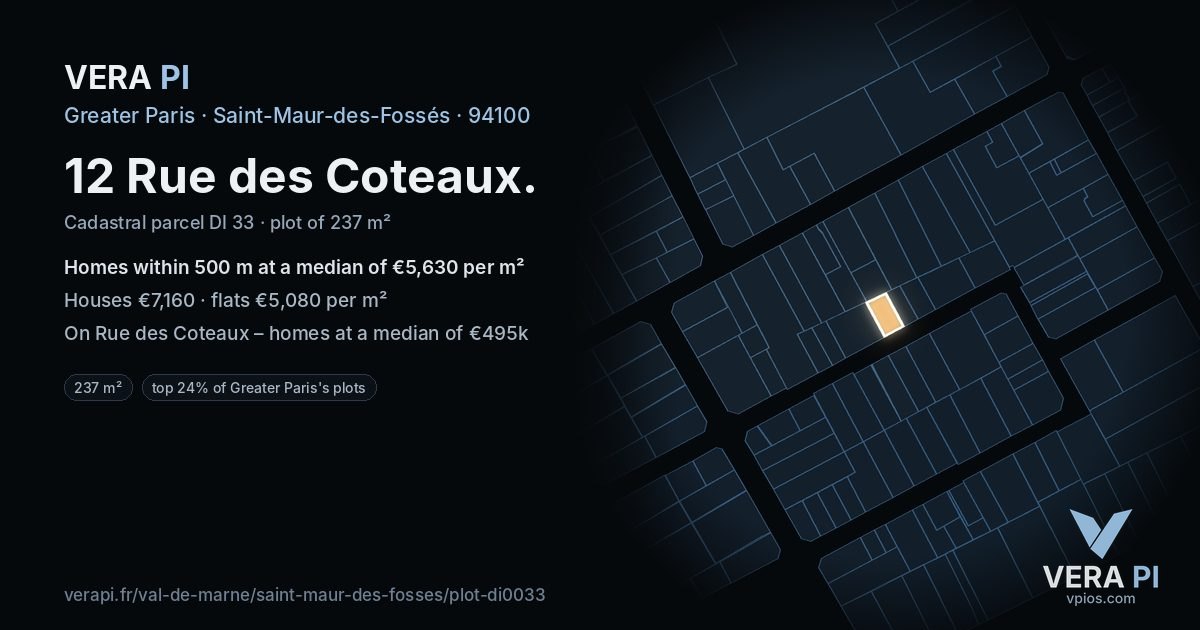 12 Rue des Coteaux, Saint-Maur-des-Fossés at night – the plot lit, the parcels around coloured by the prices near them
