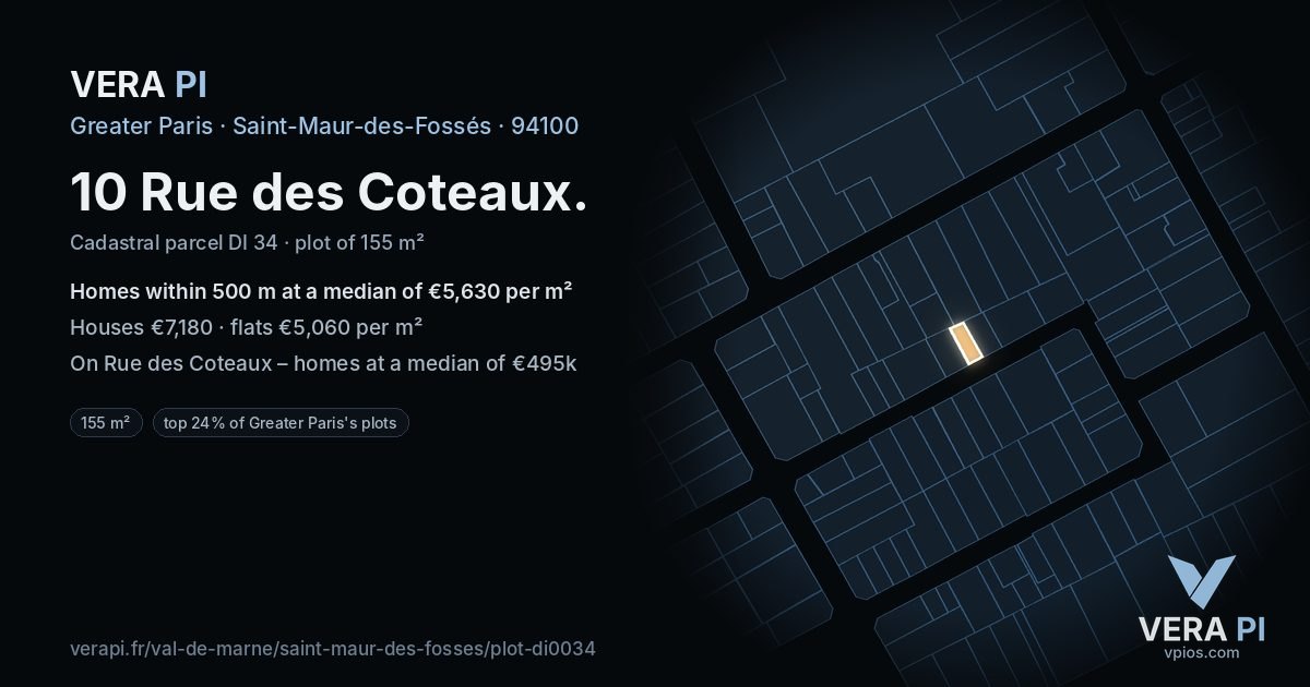 10 Rue des Coteaux, Saint-Maur-des-Fossés at night – the plot lit, the parcels around coloured by the prices near them