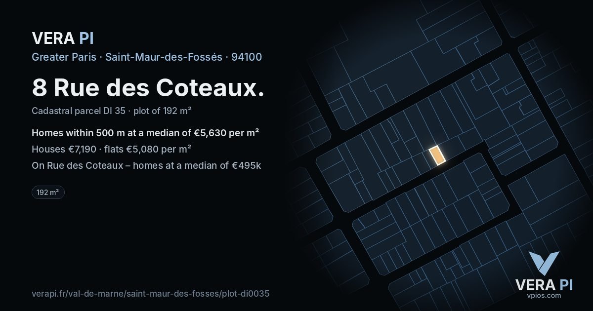 8 Rue des Coteaux, Saint-Maur-des-Fossés at night – the plot lit, the parcels around coloured by the prices near them