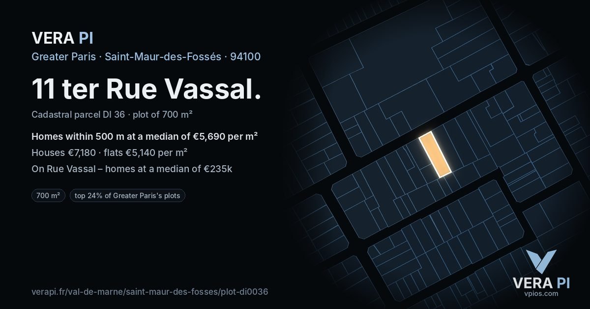 11 ter Rue Vassal, Saint-Maur-des-Fossés at night – the plot lit, the parcels around coloured by the prices near them