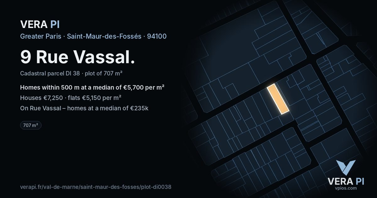 9 Rue Vassal, Saint-Maur-des-Fossés at night – the plot lit, the parcels around coloured by the prices near them
