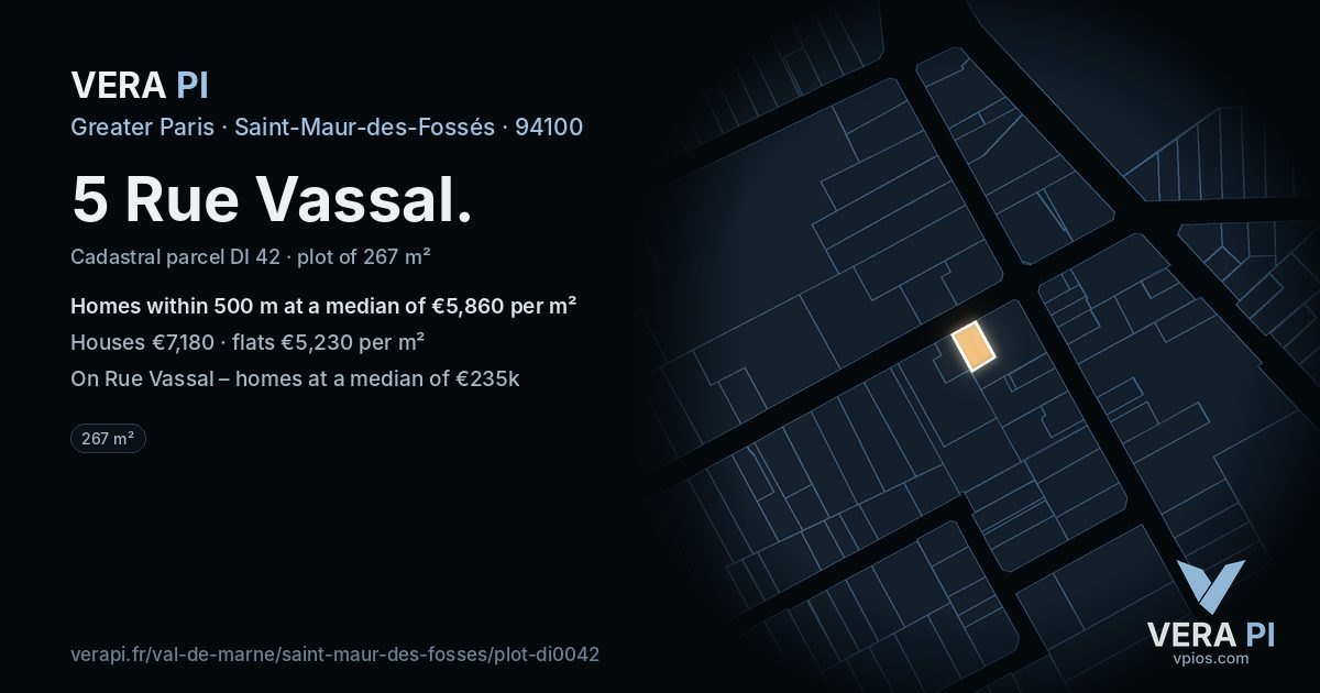 5 Rue Vassal, Saint-Maur-des-Fossés at night – the plot lit, the parcels around coloured by the prices near them