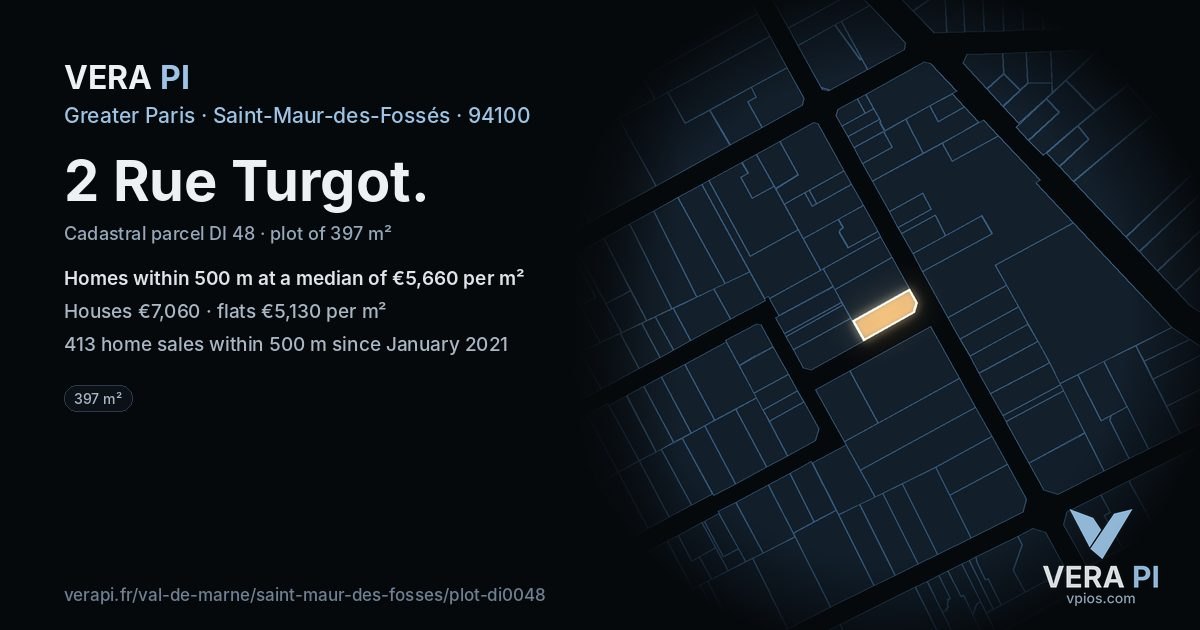 2 Rue Turgot, Saint-Maur-des-Fossés at night – the plot lit, the parcels around coloured by the prices near them